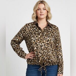 Rebecca Minkoff‎ Top Womens Size 2X Brown Leopard Satin Button Up Sophisticated